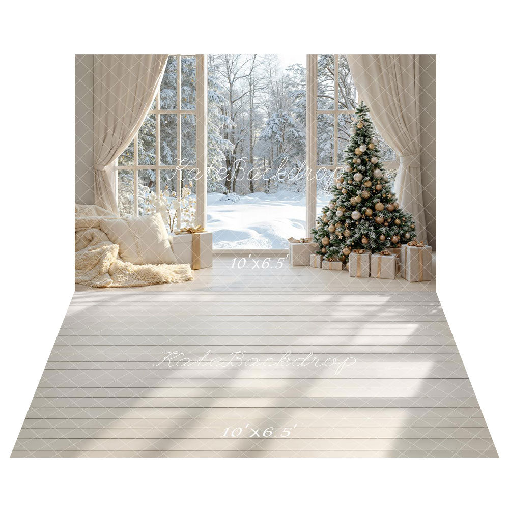 Kate Weihnachten Weihnachtsbaum Geschenke Winter Fenster Schnee Hintergrund+Weißer Holzboden Hintergrund - Kate Backdrop.de