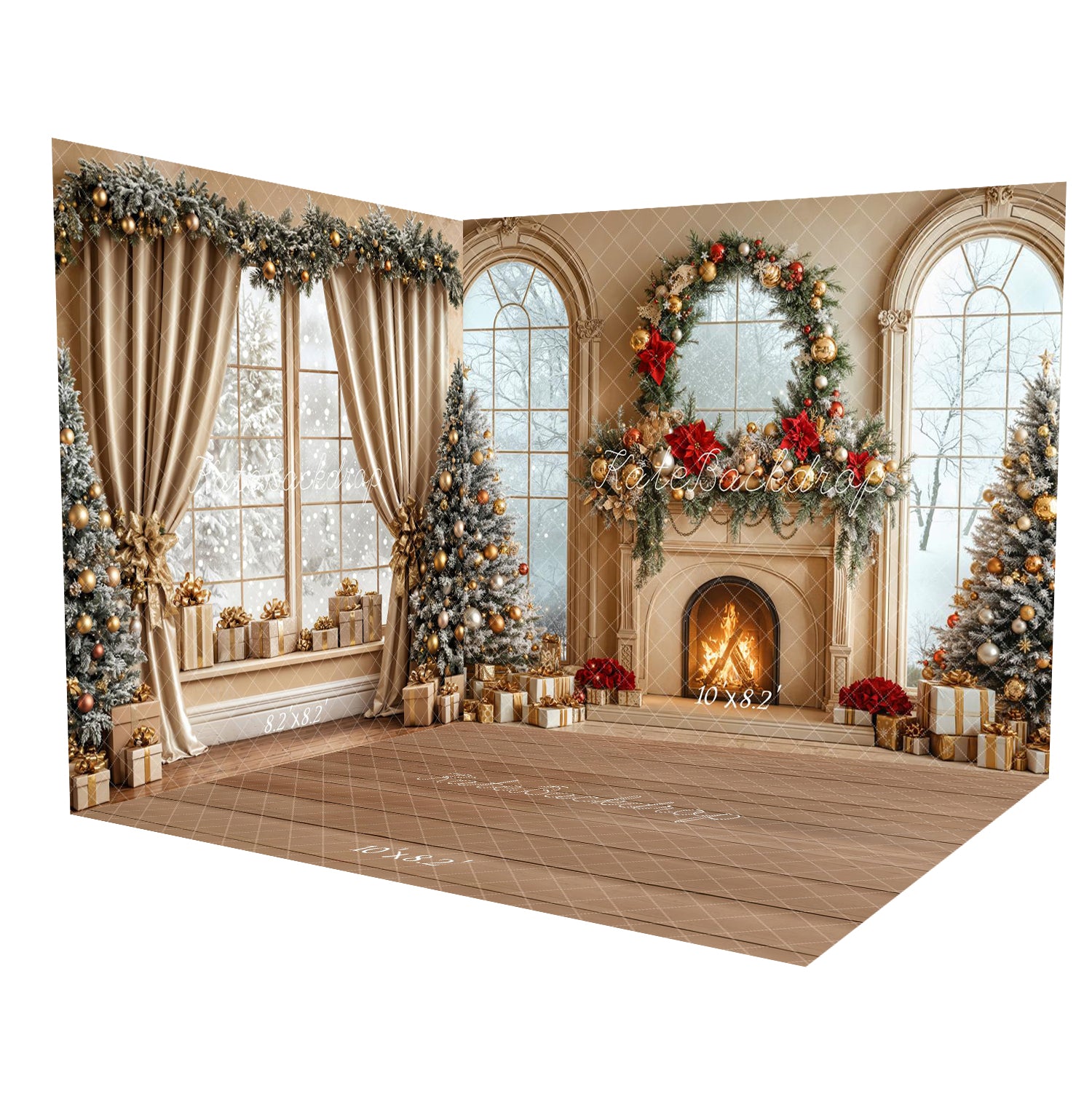 Kate Weihnachten Kaminbäume Kranz Gold Fenster Raum Hintergrund-Set