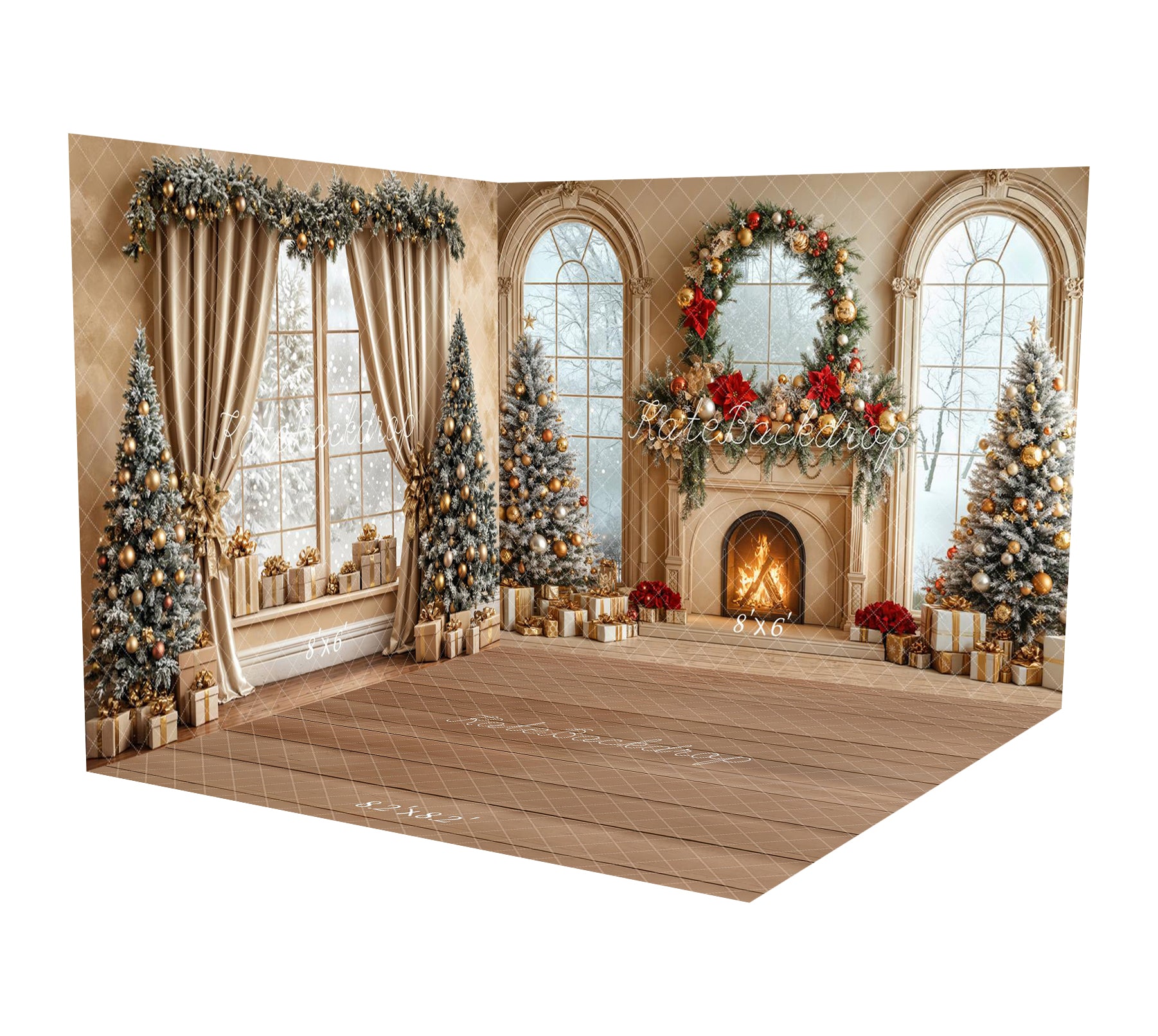 Kate Weihnachten Kaminbäume Kranz Gold Fenster Raum Hintergrund-Set