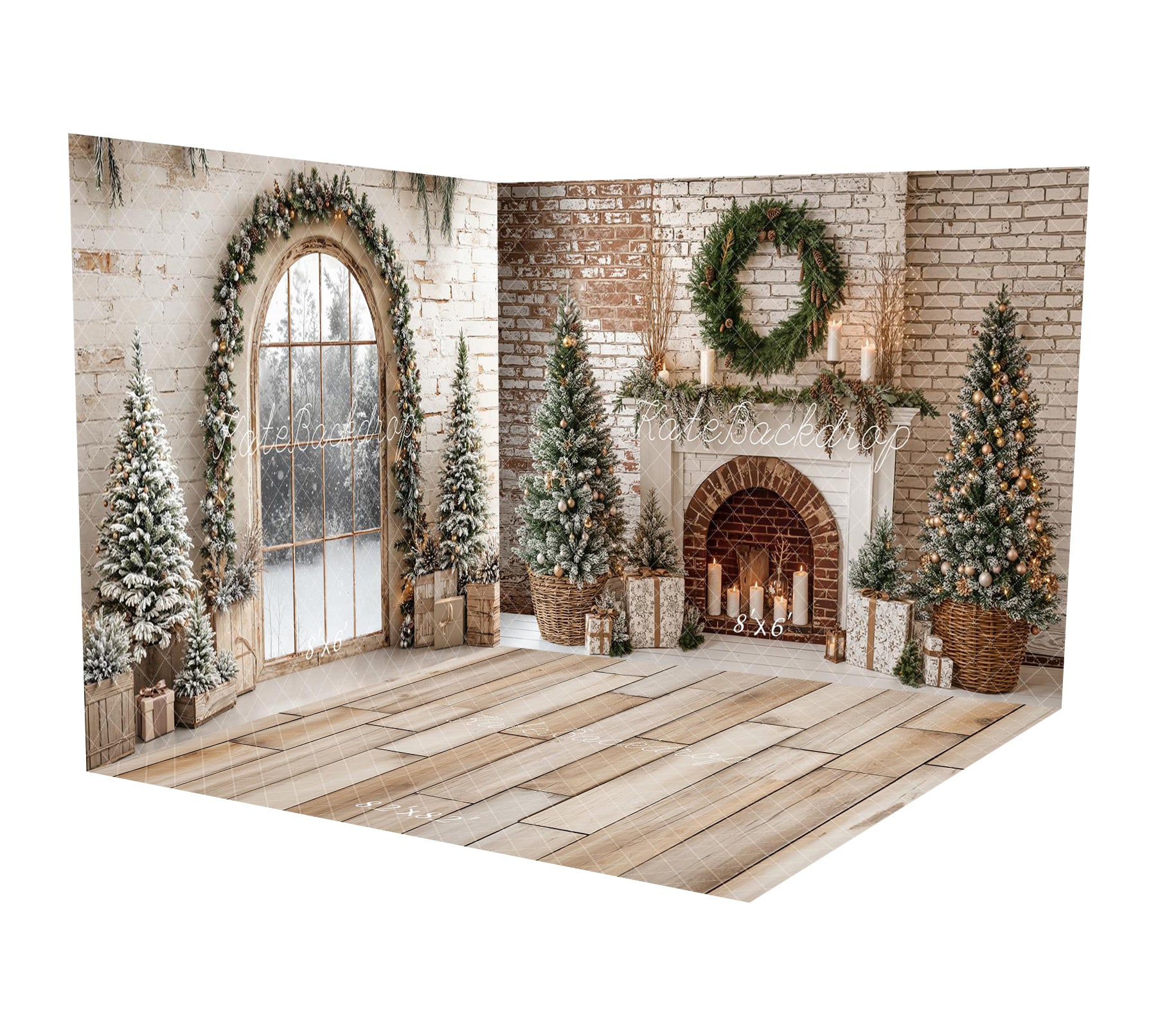 Kate Weihnachten Kaminbaumkranz Backsteinmauer Raum Hintergrund-Set
