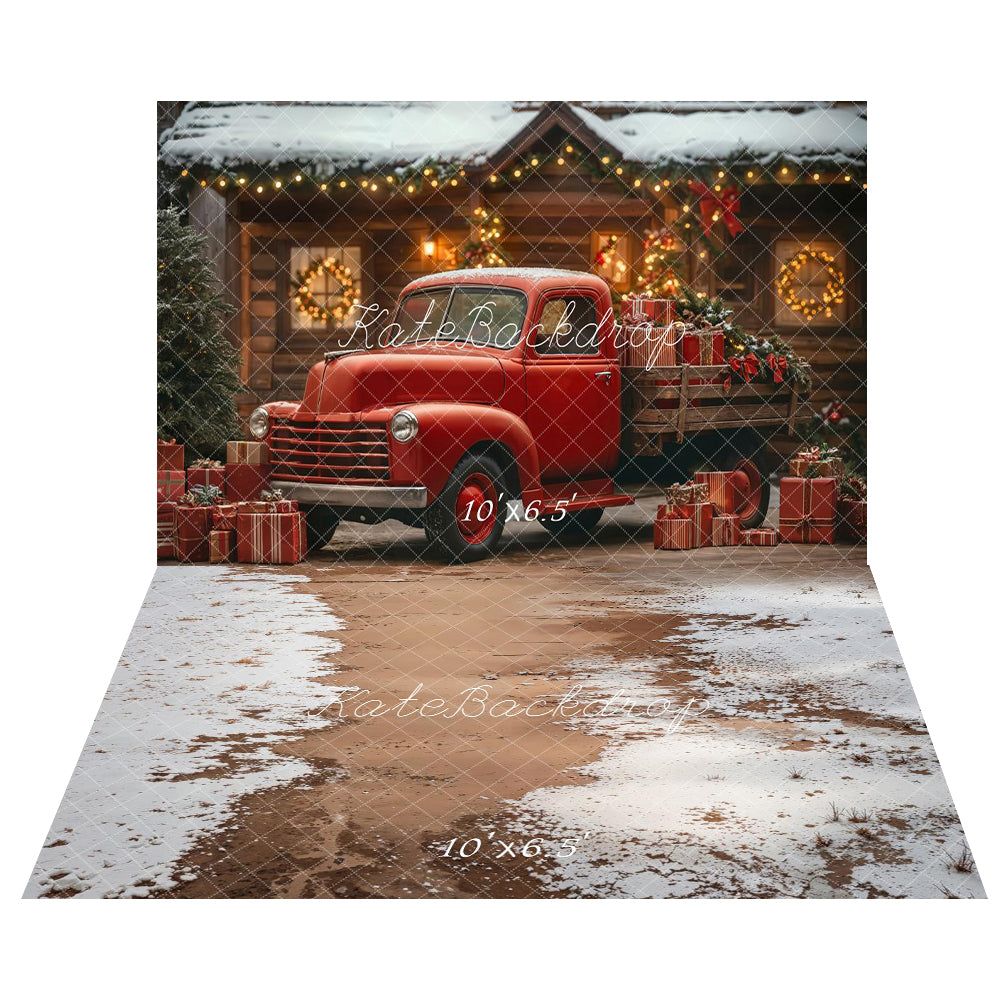Kate Weihnachten Roter Lkw Schneekabine Geschenke Hintergrund+Winter Schnee Erdgeschoss Hintergrund - Kate Backdrop.de