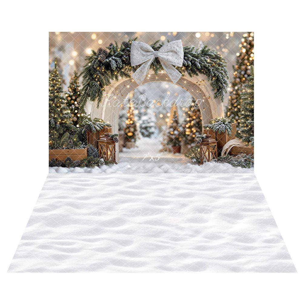 Kate Weihnachten Bogenbogen Schneebedeckte Kiefern Laternen Hintergrund+Winter-Schneeboden Hintergrund
