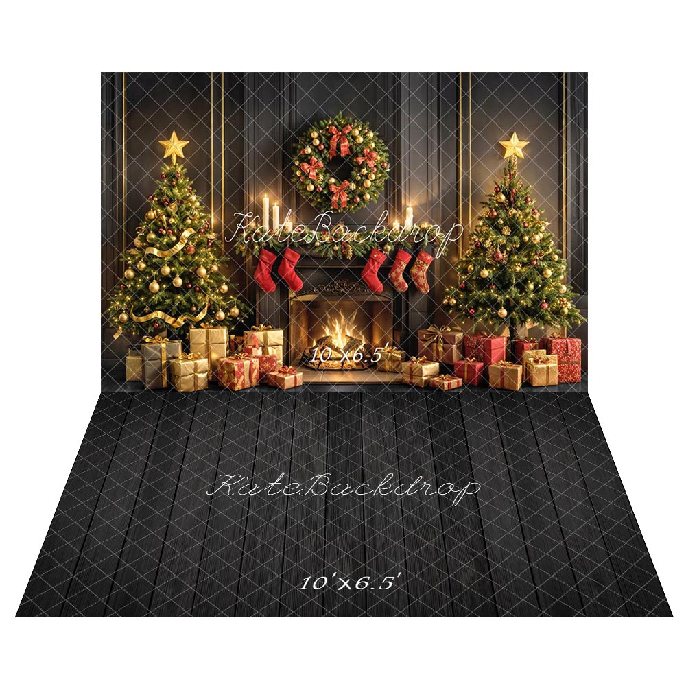 Kate Weihnachten Weihnachts-Kamin-Baumkranz-Geschenke Schwarz Hintergrund+Schwarzer Holzfußboden Hintergrund - Kate Backdrop.de