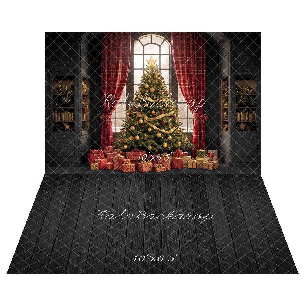 Kate Weihnachten Weihnachtsbaum-rote karierte Vorhänge Fenstergeschenke Hintergrund+Schwarzer Holzfußboden Hintergrund - Kate Backdrop.de