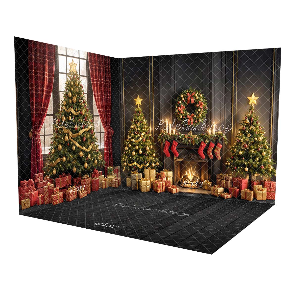 Kate Weihnachts-Kamin-Baumkranz-Geschenke Schwarz Raum Hintergrund-Set - Kate Backdrop.de