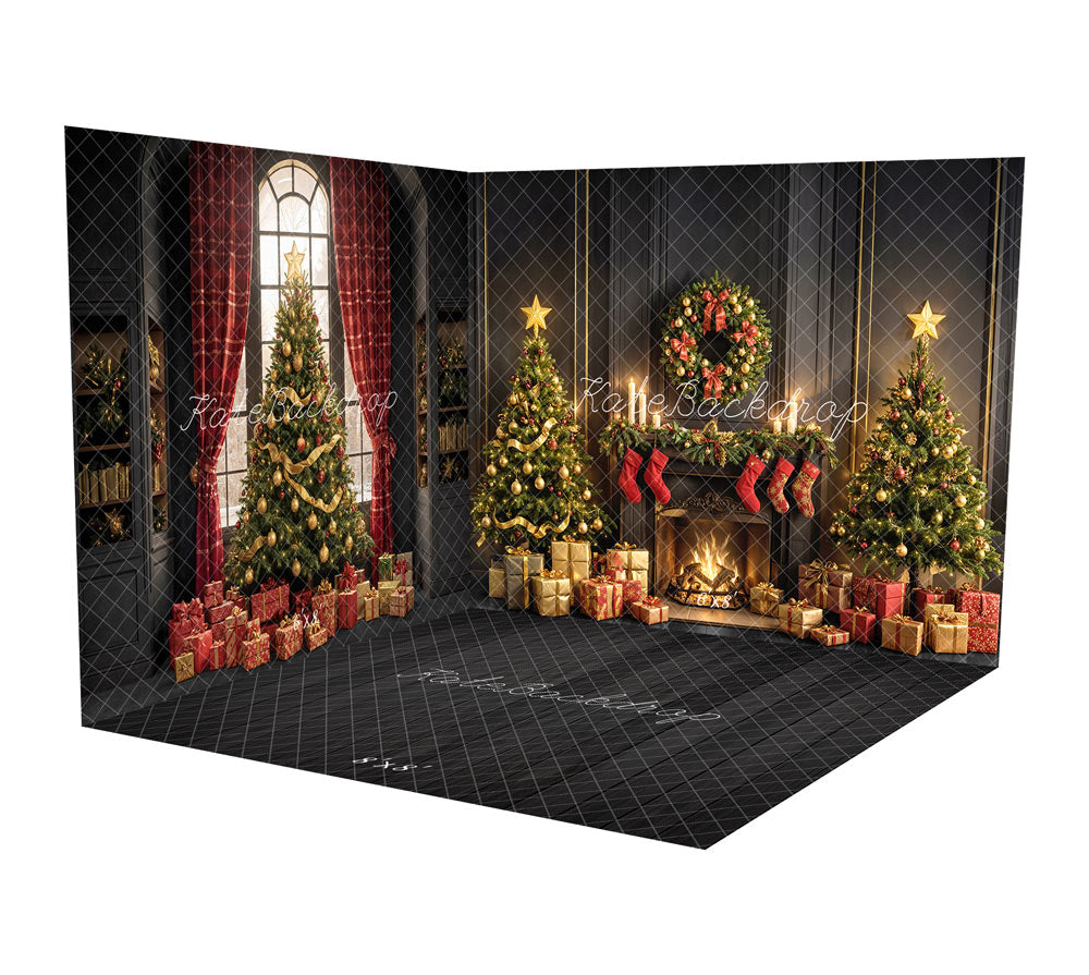 Kate Weihnachts-Kamin-Baumkranz-Geschenke Schwarz Raum Hintergrund-Set - Kate Backdrop.de