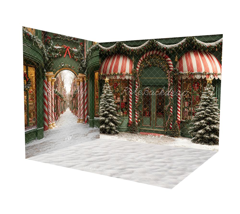 Kate Weihnachten Weihnachtsladen Zuckerstange Gestreifte Markise Verschneite Bäume Raum Hintergrund-Set - Kate Backdrop.de
