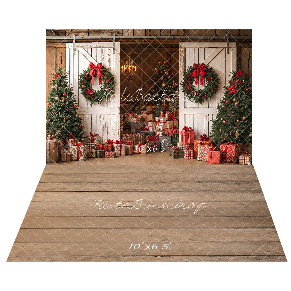 Kate Weihnachten Weiße Scheunentore Kränze Bäume Geschenke Hintergrund+Hellbrauner Holzboden Hintergrund - Kate Backdrop.de