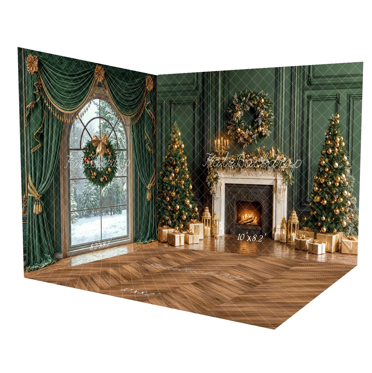 Kate Weihnachten Weihnachtsbäume Kamin Grüne Wand Gold Geschenke Raum Hintergrund-Set - Kate Backdrop.de