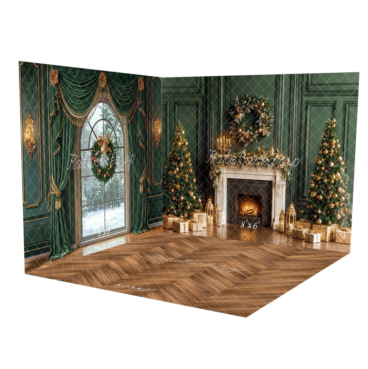 Kate Weihnachten Weihnachtsbäume Kamin Grüne Wand Gold Geschenke Raum Hintergrund-Set - Kate Backdrop.de