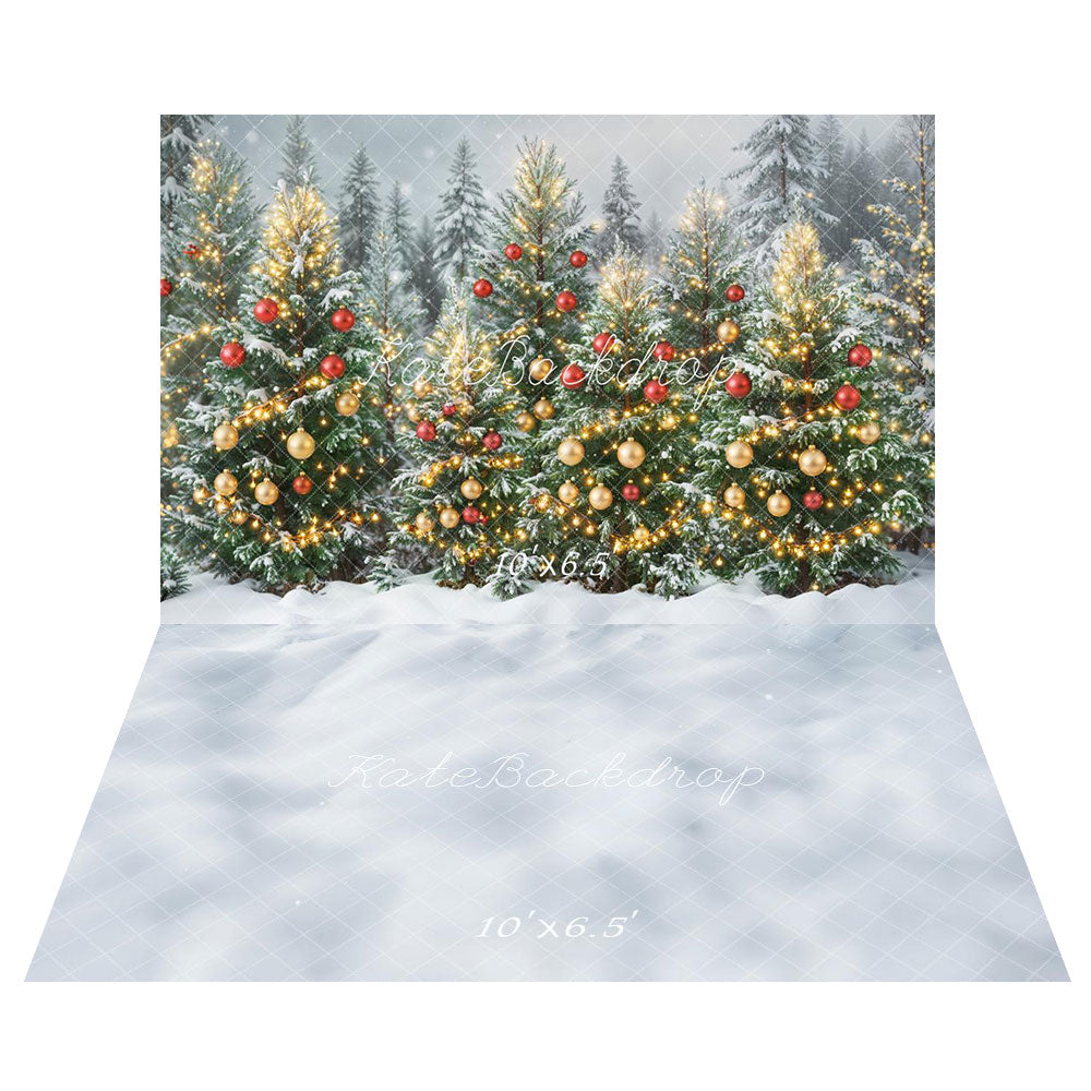 Kate Weihnachten Weihnachtsbäume Schneebedeckter Wald Ornamente Lichter Hintergrund+Schneeweißer Strukturboden Hintergrund