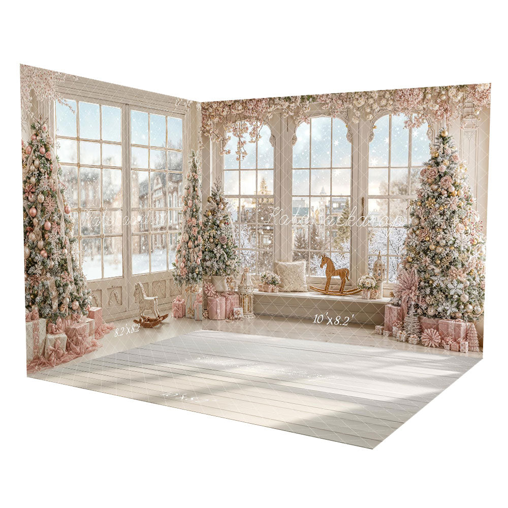 Kate Weihnachten Frostiger Baum Rosa Geschenke Fenster Schaukelpferd Raum Hintergrund-Set