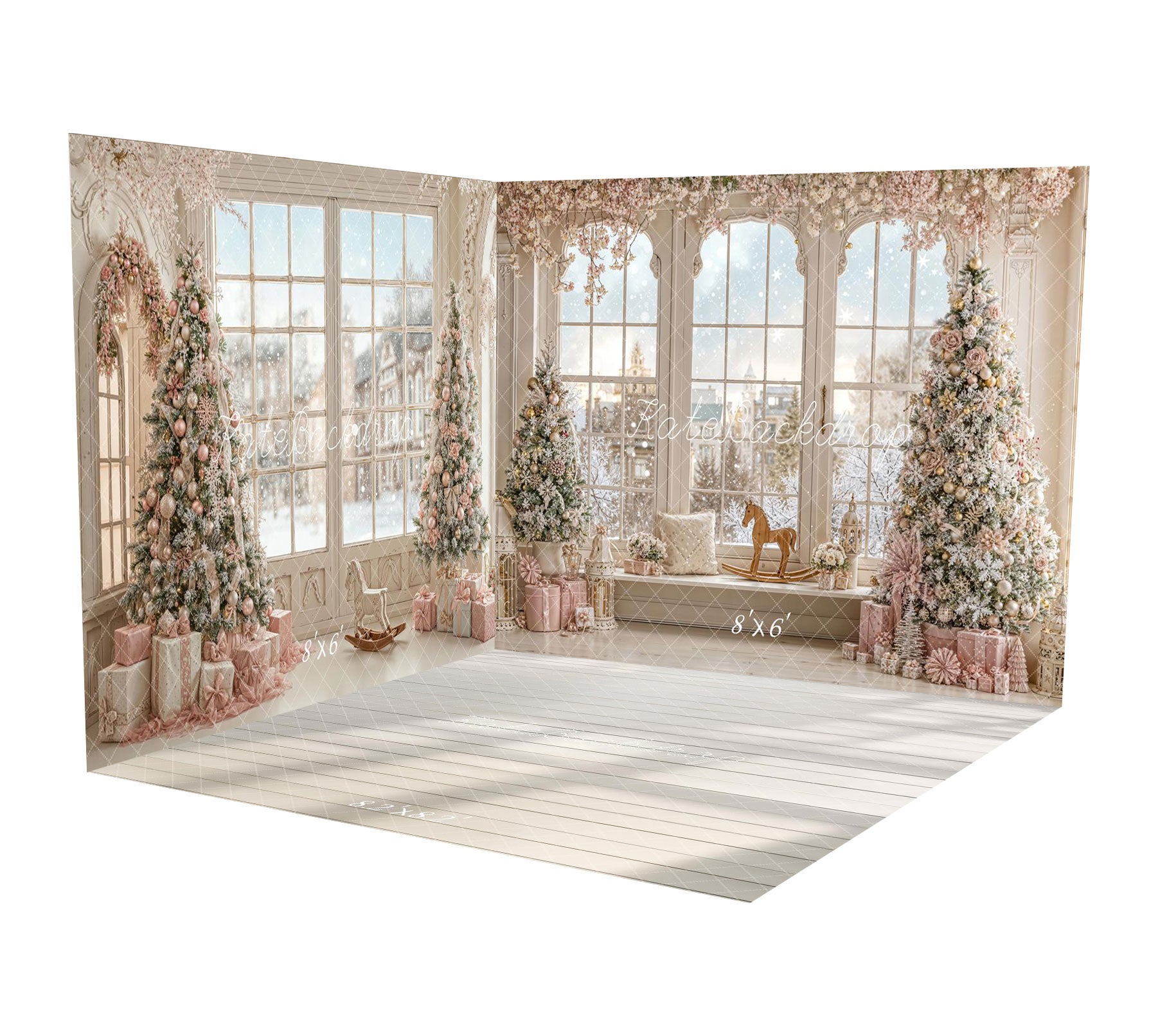 Kate Weihnachten Frostiger Baum Rosa Geschenke Fenster Schaukelpferd Raum Hintergrund-Set