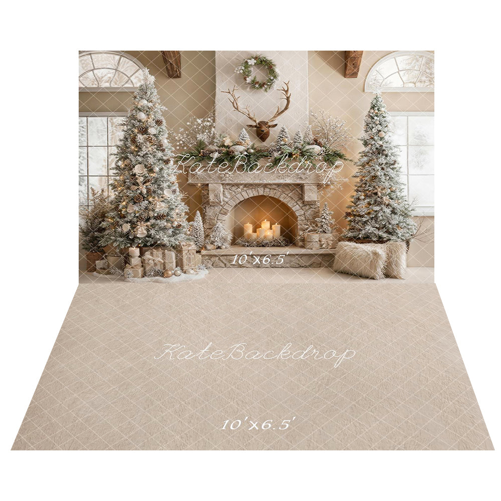 Kate Weihnachten Rustikaler Kamin Geweihe Verschneite Bäume Kerzen Lichter Hintergrund+Beigefarbener Bodenbelag mit abstraktem Muster Hintergrund