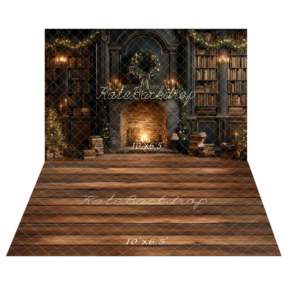 Kate Weihnachten Kamin Bücherregale Girlande Dunkel Hintergrund+Brauner Holzboden Hintergrund