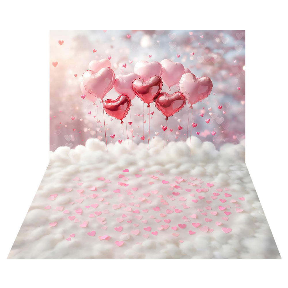 Kate Valentinstag Rosa Herzballons Wolken Hintergrund+Rosa Herzen auf weißer Wolkenstruktur boden Hintergrund