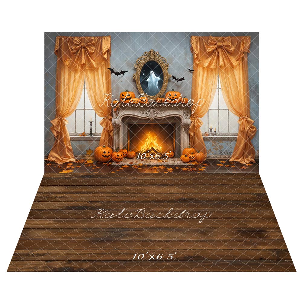 Kate Halloween-Kürbis-Kamin-Schleifenvorhänge-Geisterspiegel Hintergrund +Brauner Holzboden Boden