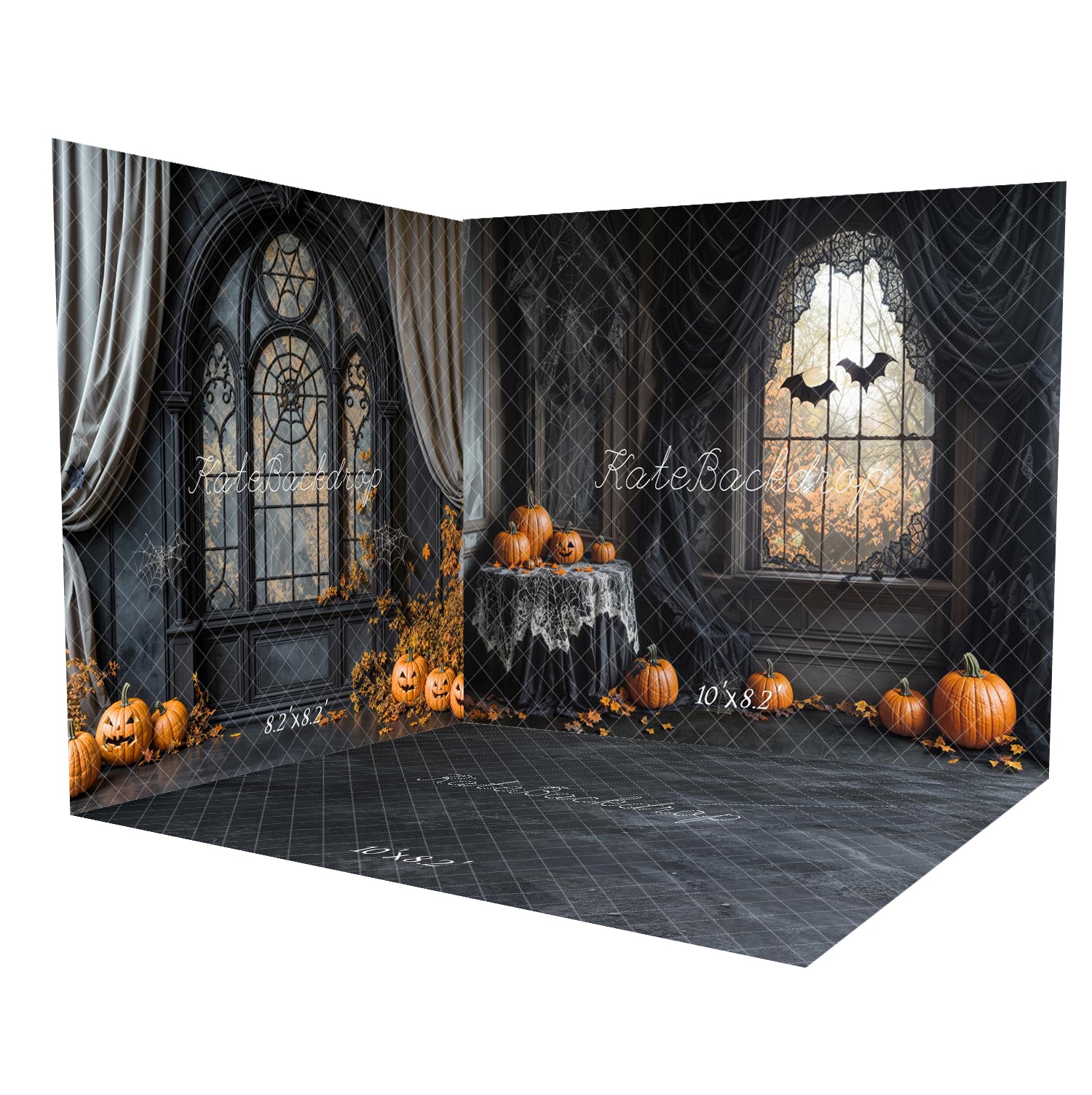 Kate Halloween Gothic Spinnennetz Fenster Kürbisse Fledermäuse Raum Hintergrund-Set