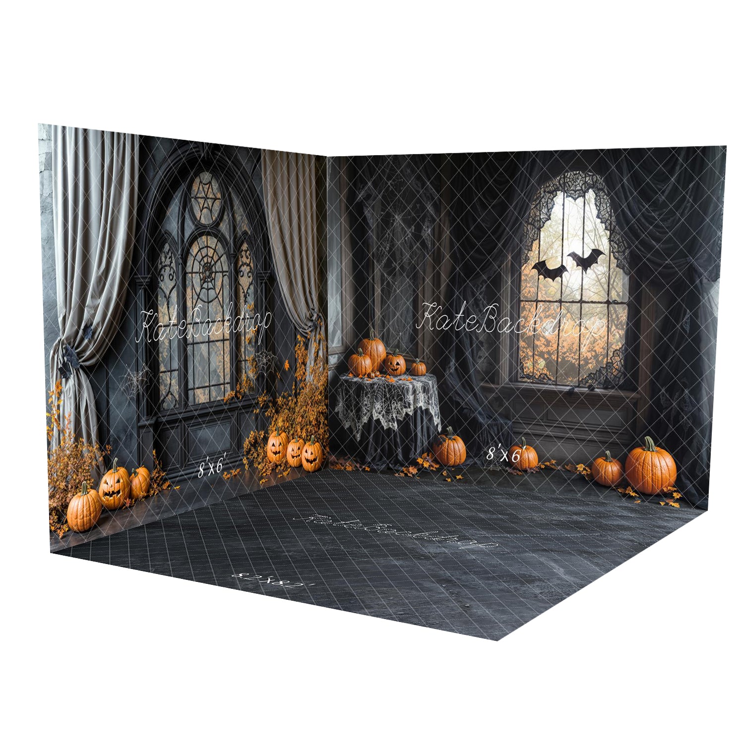 Kate Halloween Gothic Spinnennetz Fenster Kürbisse Fledermäuse Raum Hintergrund-Set