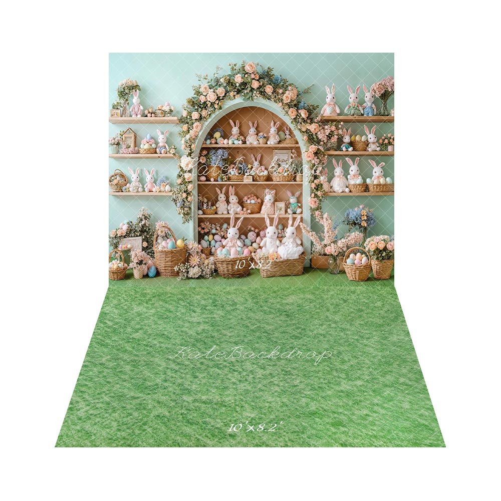 Kate Osterhasen-Blumenbogen-Schrank Pastellfarbene Eierkörbe Hintergrund+Frühlingsgrünes Gras boden Hintergrund