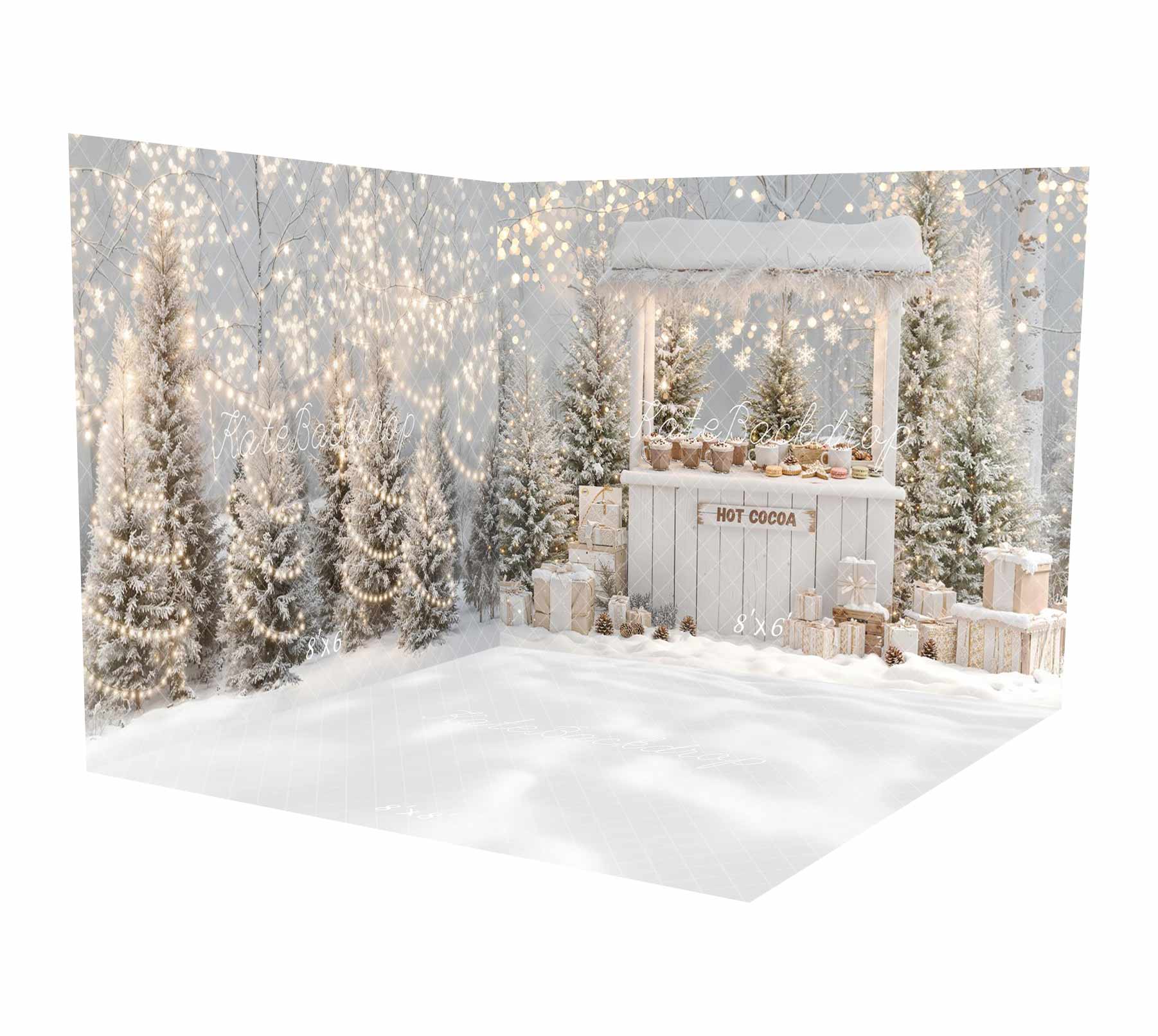 Kate Weihnachten Winter Heiße Schokolade Stand Verschneite Bäume Geschenke Raum Hintergrund-Set - Kate Backdrop.de