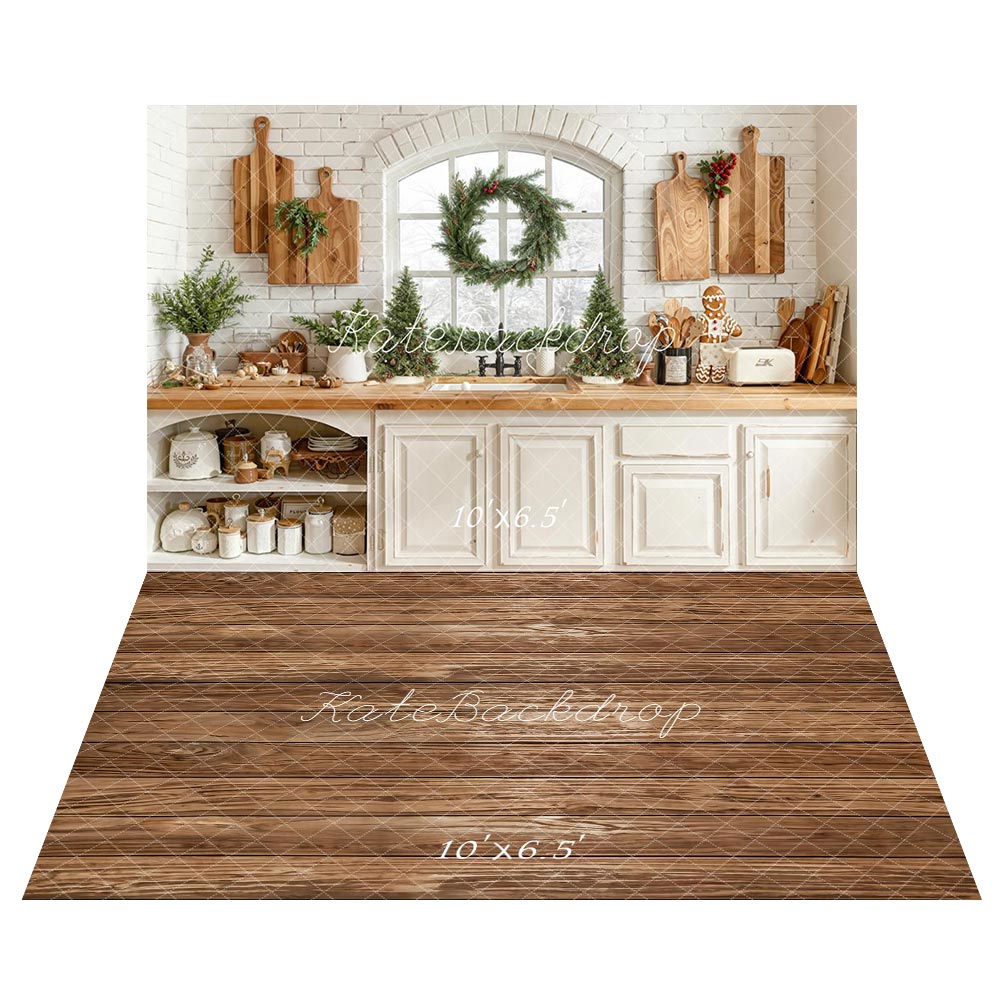Kate Weihnachten Küchenschrank Fenster Kranz Bäume Holzschneidebretter Hintergrund+Braune Holzplanke Hintergrund - Kate Backdrop.de