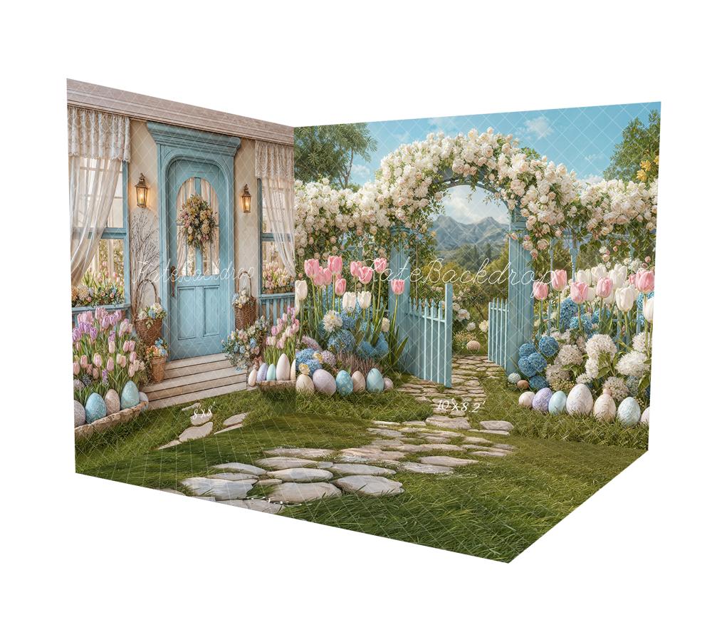 Kate Oster-Frühlingsblumenbogen Gartentor Pastellfarbene Eier Tulpen Raum Hintergrund-Set - Kate Backdrop.de