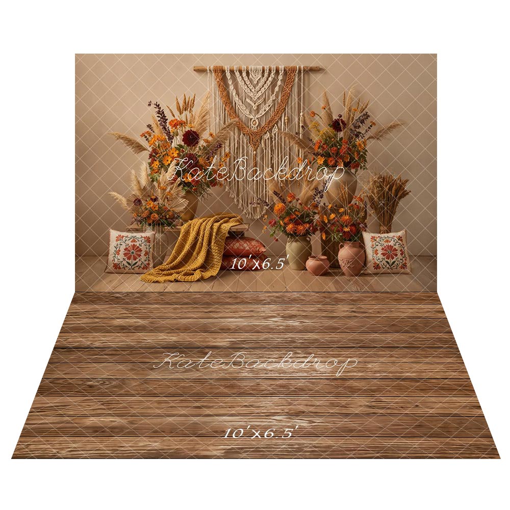 Kate Boho-Makramee-Pampasgras-Blumenvasen Hintergrund+Brauner Holzdielenboden Hintergrund