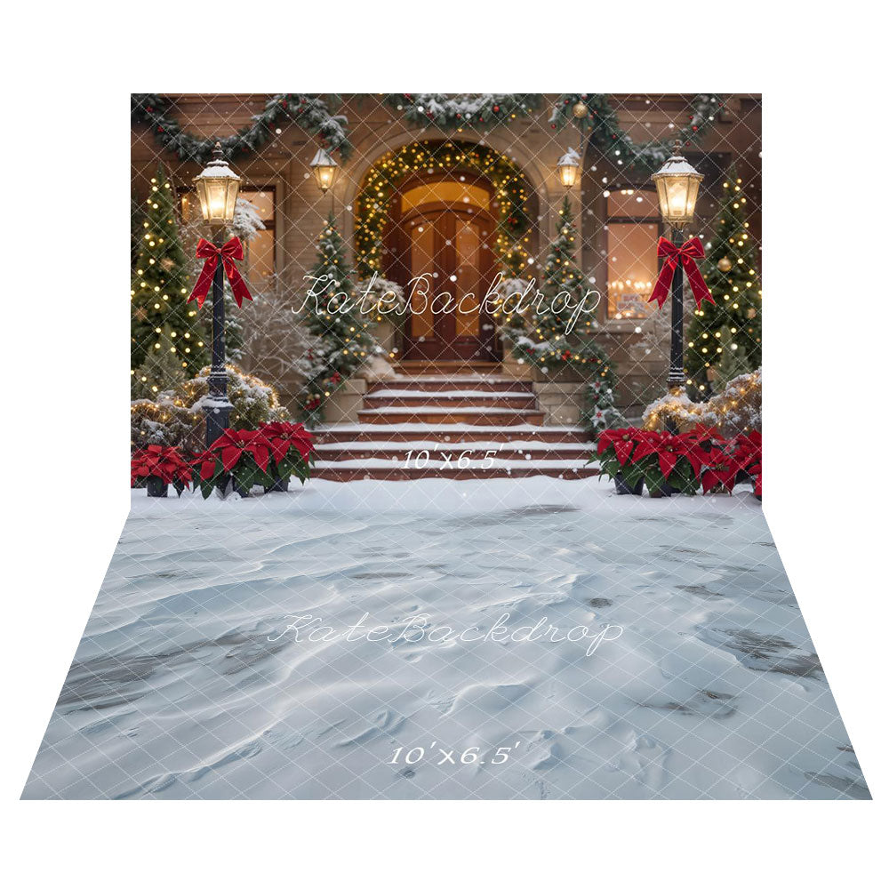 Kate Weihnachten Schneebedeckte Veranda Girlande Rote Schleifen Laternenpfahl Hintergrund+Winterlicher schneebedeckter Bodenbelag Hintergrund