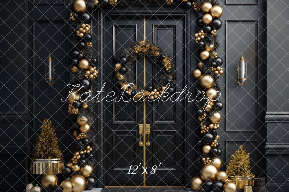 Kate Elegant Schwarz Gold Weihnachten Tür Fleece Hintergrund Entworfen von Mandy Ringe - Kate Backdrop.de