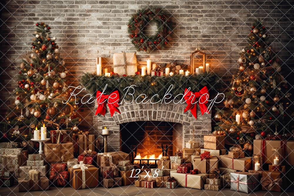 Kate Weihnachten Rustikaler Ziegelkamin und Bäume Fleece Hintergrund Entworfen von Mini MakeBelieve - Kate Backdrop.de