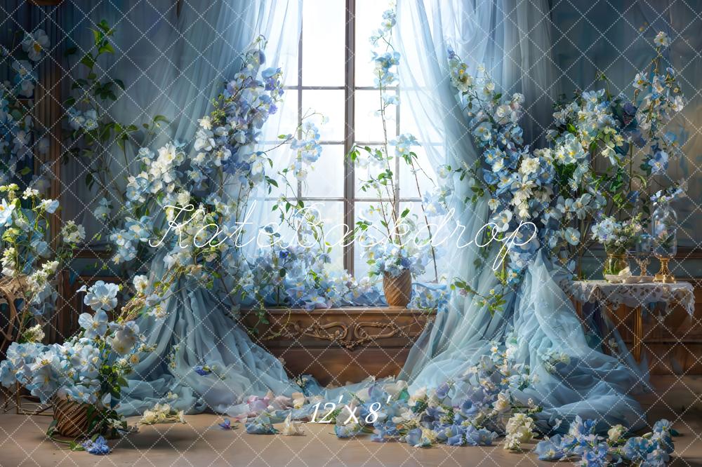 Kate Blaue Blumen Vorhang Frühling Fleece Hintergrund Entworfen von Emetselch