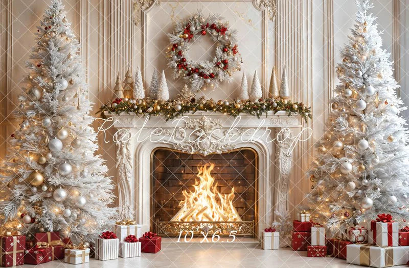 Kate Weihnachten - Kamin Weiße Bäume Geschenke Hintergrund entworfen von Emetselch - Kate Backdrop.de