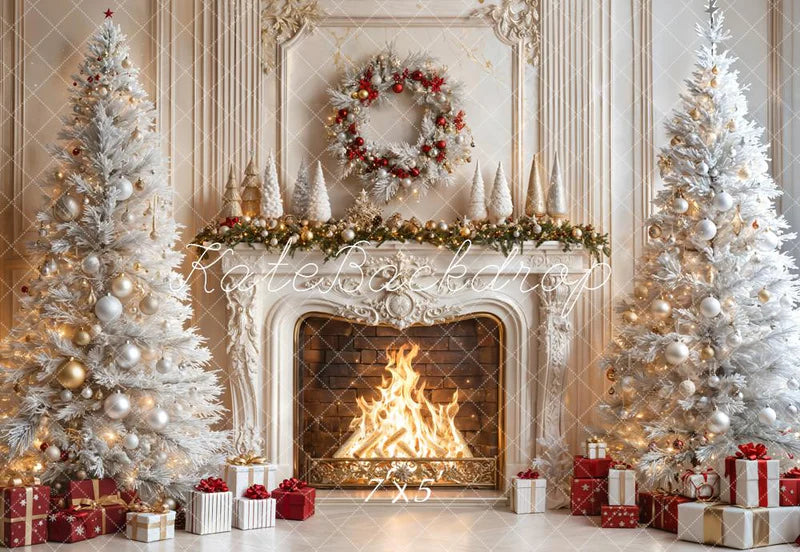 Kate Weihnachten - Kamin Weiße Bäume Geschenke Hintergrund entworfen von Emetselch - Kate Backdrop.de