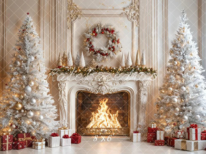 Kate Weihnachten - Kamin Weiße Bäume Geschenke Hintergrund entworfen von Emetselch - Kate Backdrop.de