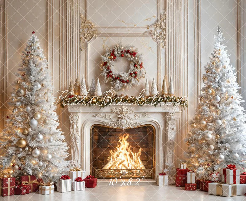 Kate Weihnachten - Kamin Weiße Bäume Geschenke Hintergrund entworfen von Emetselch - Kate Backdrop.de