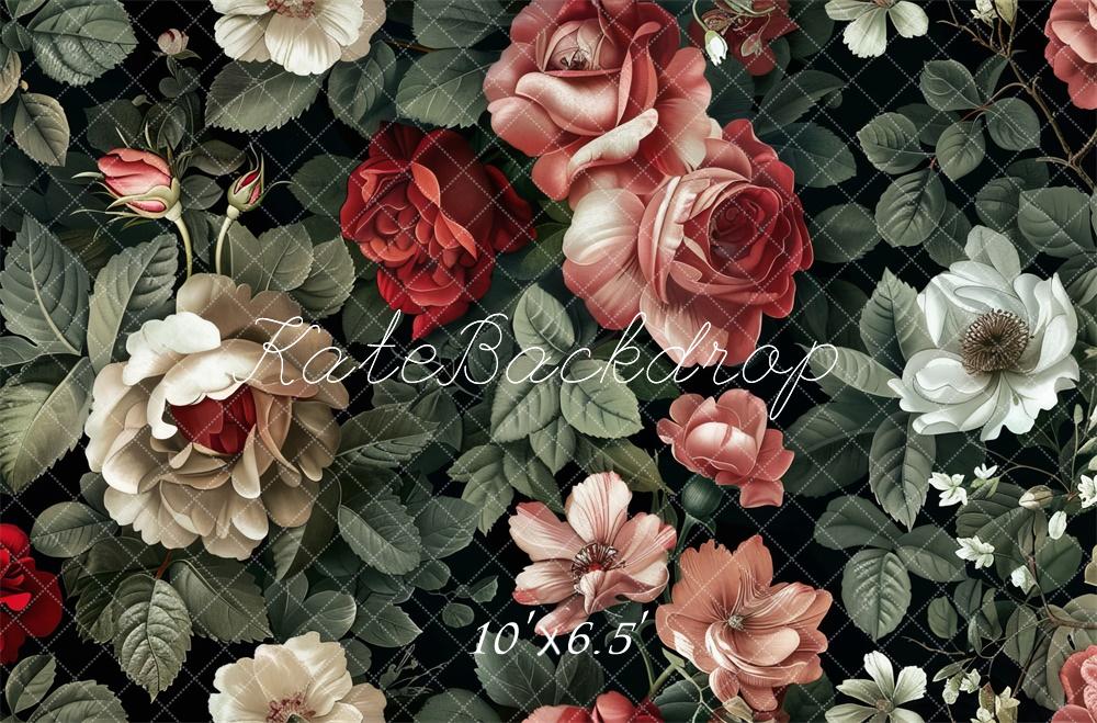 Kate Valentinstag Blume Vintage Roses Muster Fleece Hintergrund Entworfen von Lidia Redekopp - Kate Backdrop.de