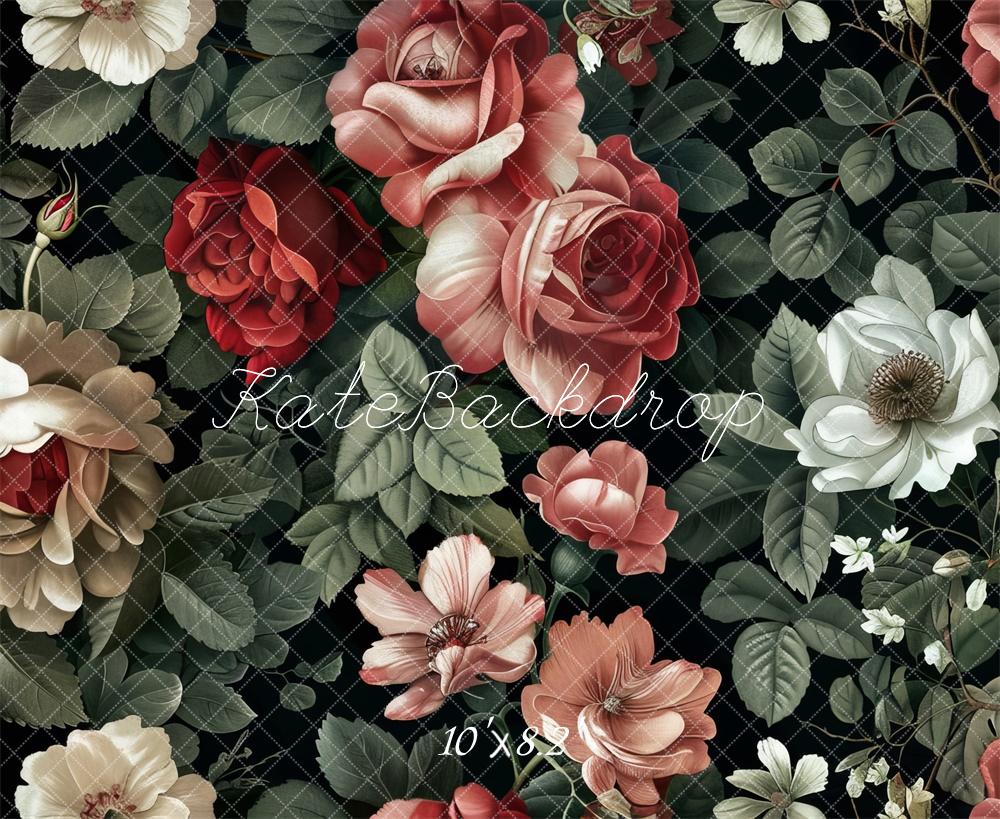 Kate Valentinstag Blume Vintage Roses Muster Fleece Hintergrund Entworfen von Lidia Redekopp - Kate Backdrop.de