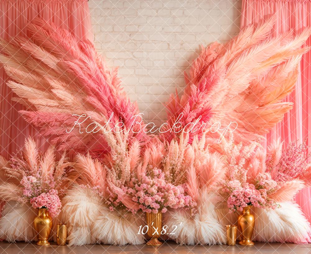 Kate Boho Rosa Flügel Pampas Blumen Fleece Hintergrund - Kate Backdrop.de