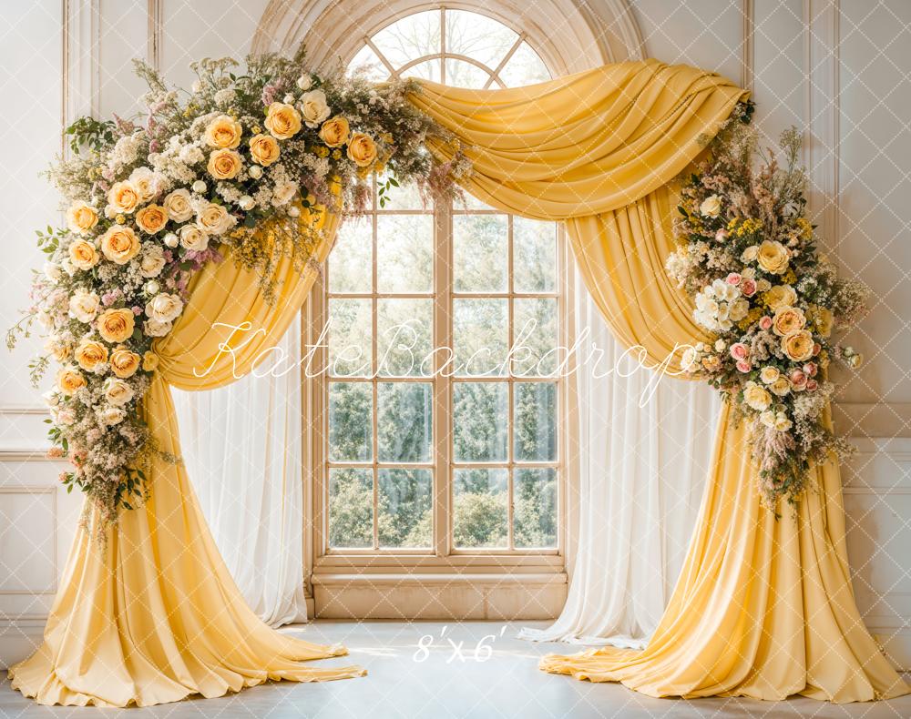 🔥50%OFF-Kate Eleganter Blumenbogen Gelbe Vorhänge Fleece Hintergrund - Kate Backdrop.de