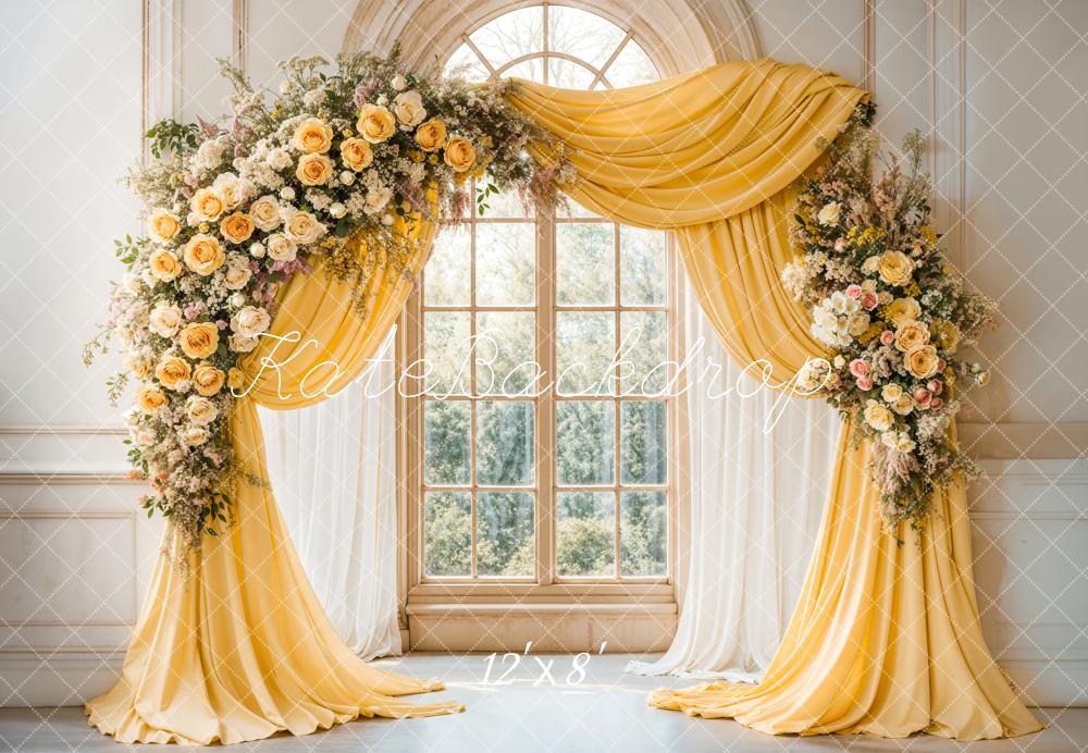 🔥50%OFF-Kate Eleganter Blumenbogen Gelbe Vorhänge Fleece Hintergrund - Kate Backdrop.de