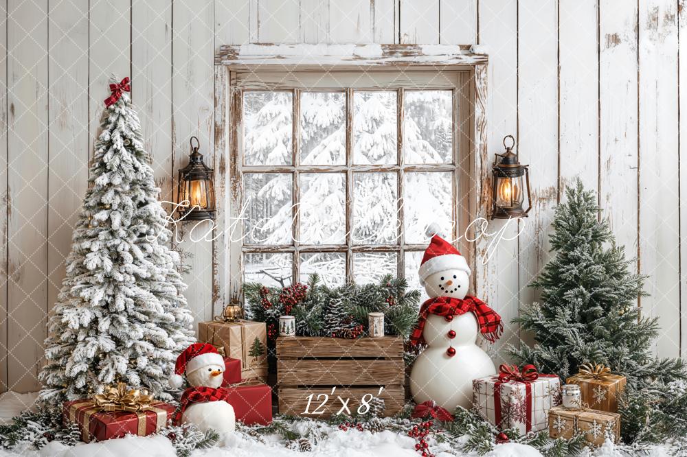 Kate Weihnachten Baum Schneemann Fenster Holz Fleece Hintergrund - Kate Backdrop.de