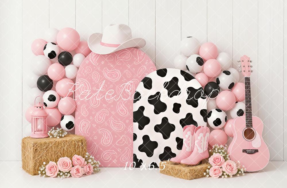 Kate Cake Smash Kuhmädchen Cowboystiefel Rosa Fleece Hintergrund Entworfen von Ashley Paul - Kate Backdrop.de
