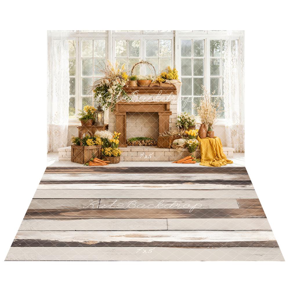 Kate Frühling Ostern Gelbe Blumen Kamin Fenster Sonnenlicht Hintergrund+Hellbraunes weißes Retro-Holz Hintergrund - Kate Backdrop.de