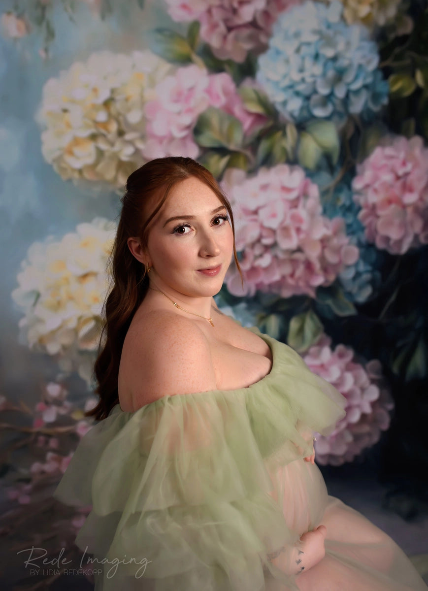 Kate Feine Kunst Pastell Hortensie Blumen Kombi-Hintergrund Entworfen von Lidia Redekopp