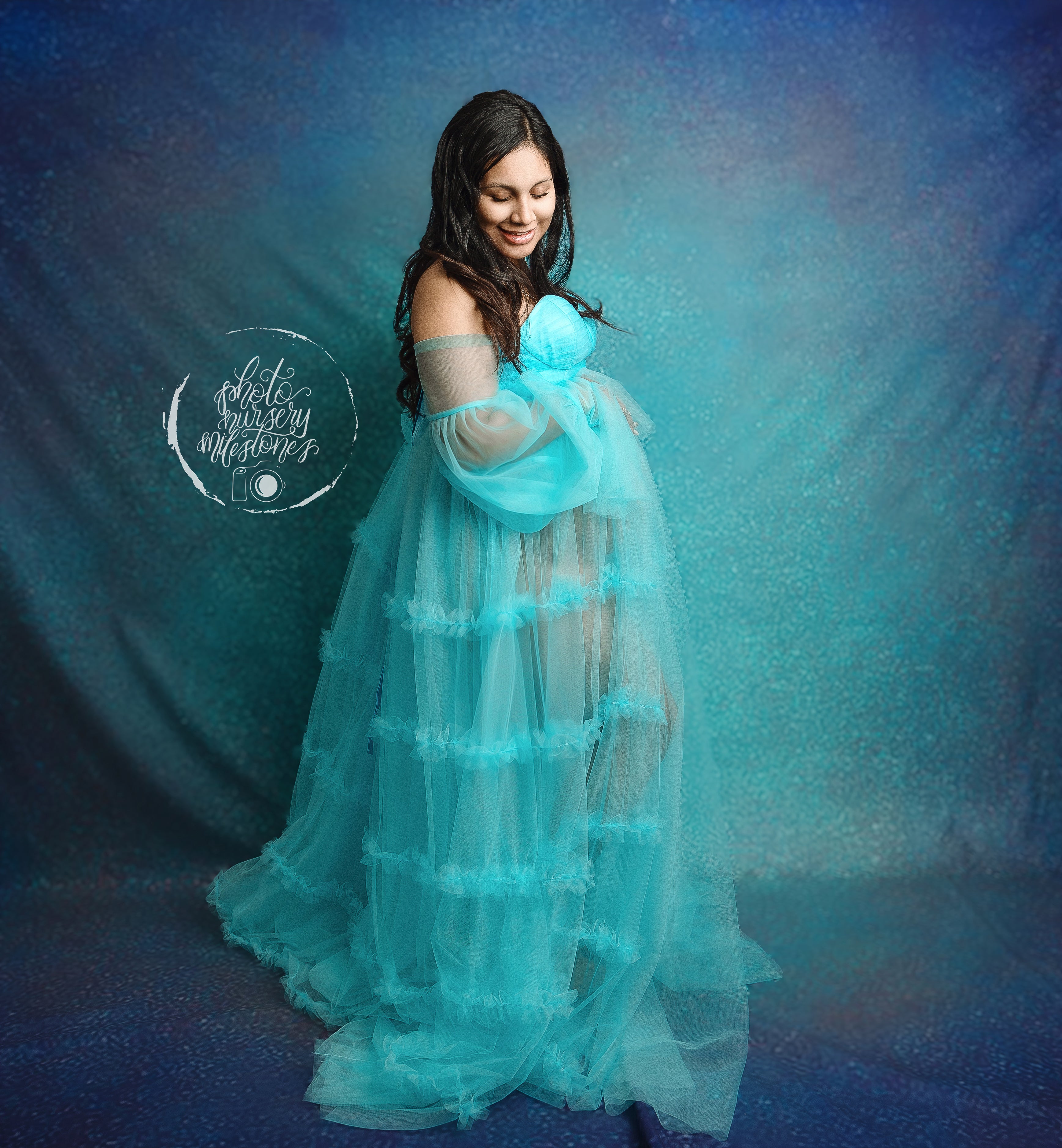 Kate Hoch tailliertes langärmeliges Mutterschafts-Fotoshoot-Kleid aus Mesh - Kate Backdrop.de