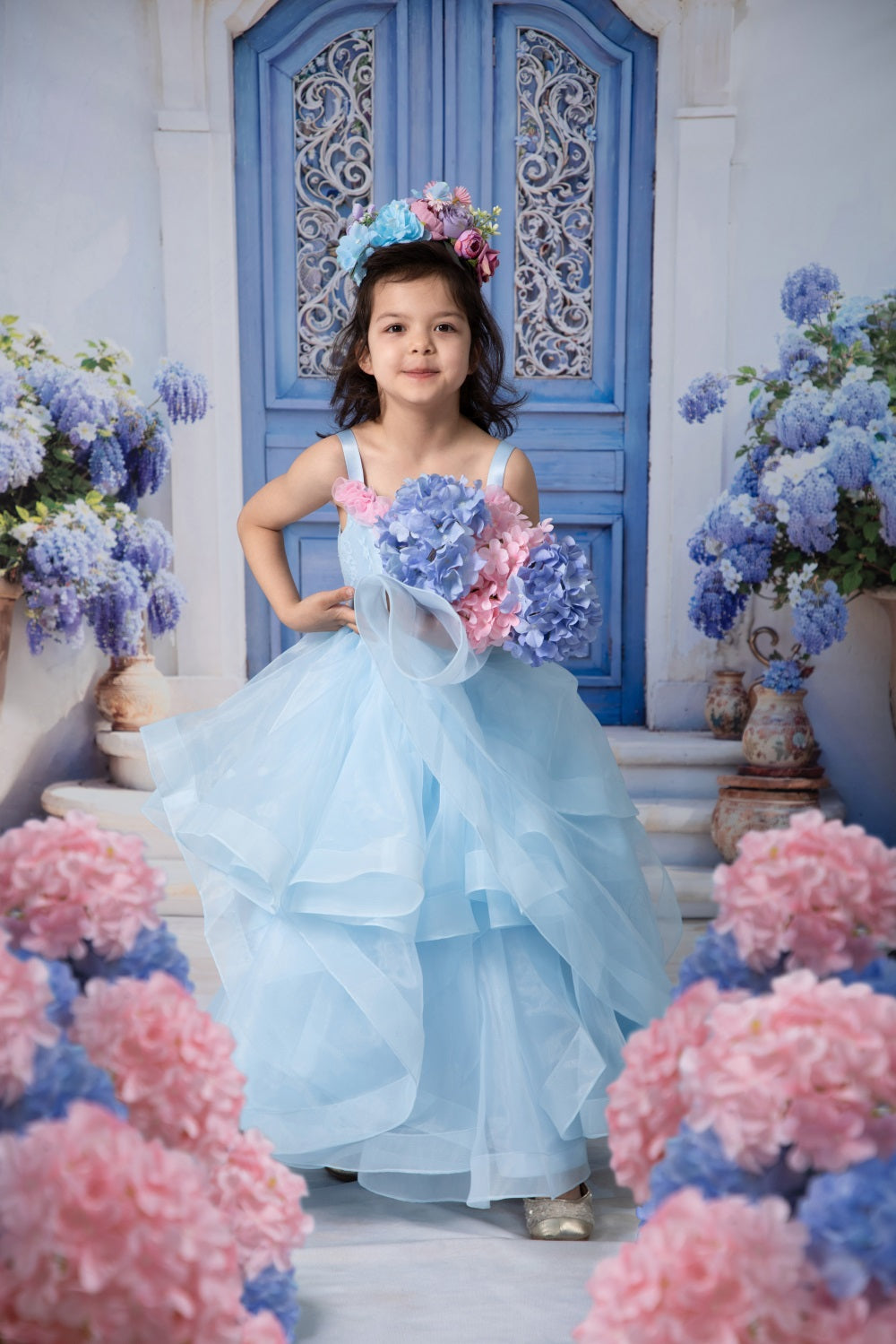 Kate Blaue Blume Kinder Kleid für Fotografie (ohne Kopfbedeckung)