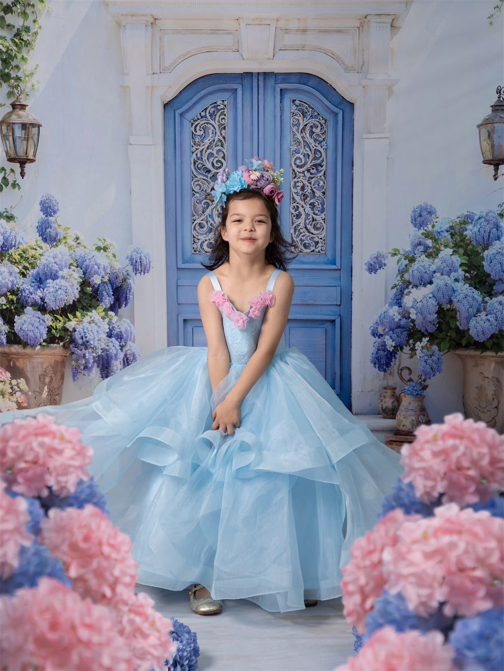 Kate Blaue Blume Kinder Kleid für Fotografie (ohne Kopfbedeckung)