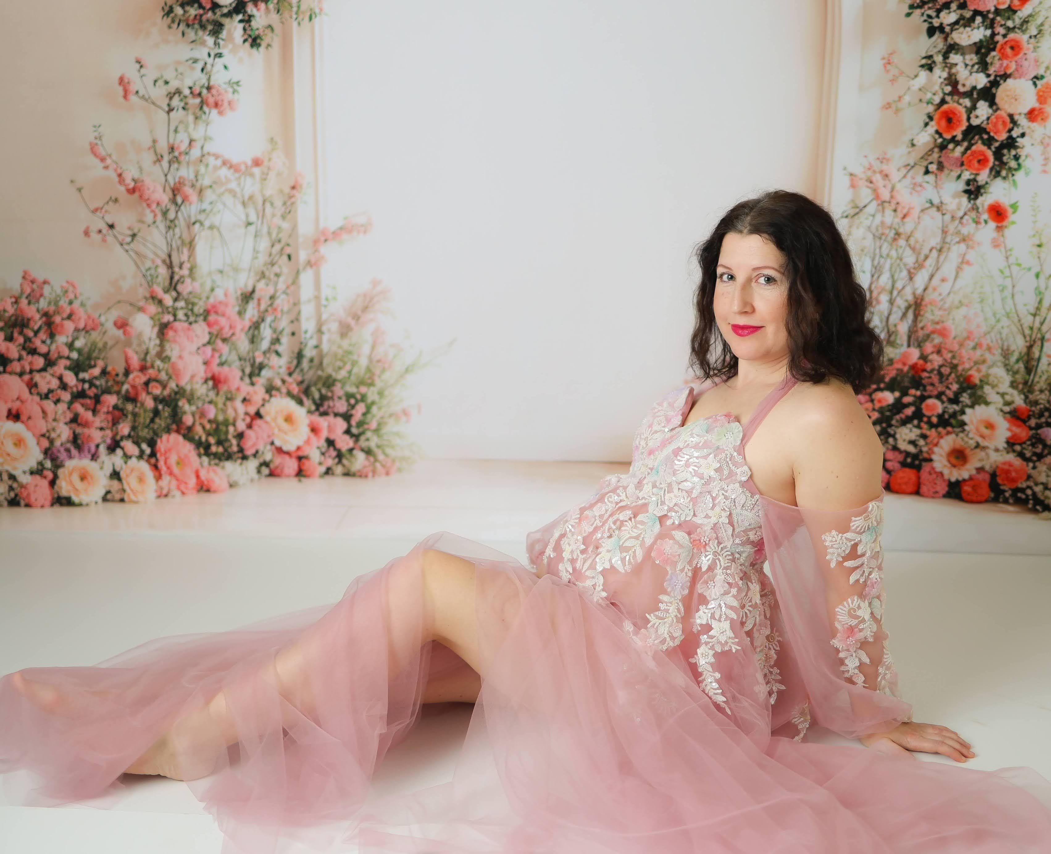 Kate Mesh Hängende Halsmitte Ärmel Schleppende Mutterschaft Fotoshooting Kleid - Kate Backdrop.de