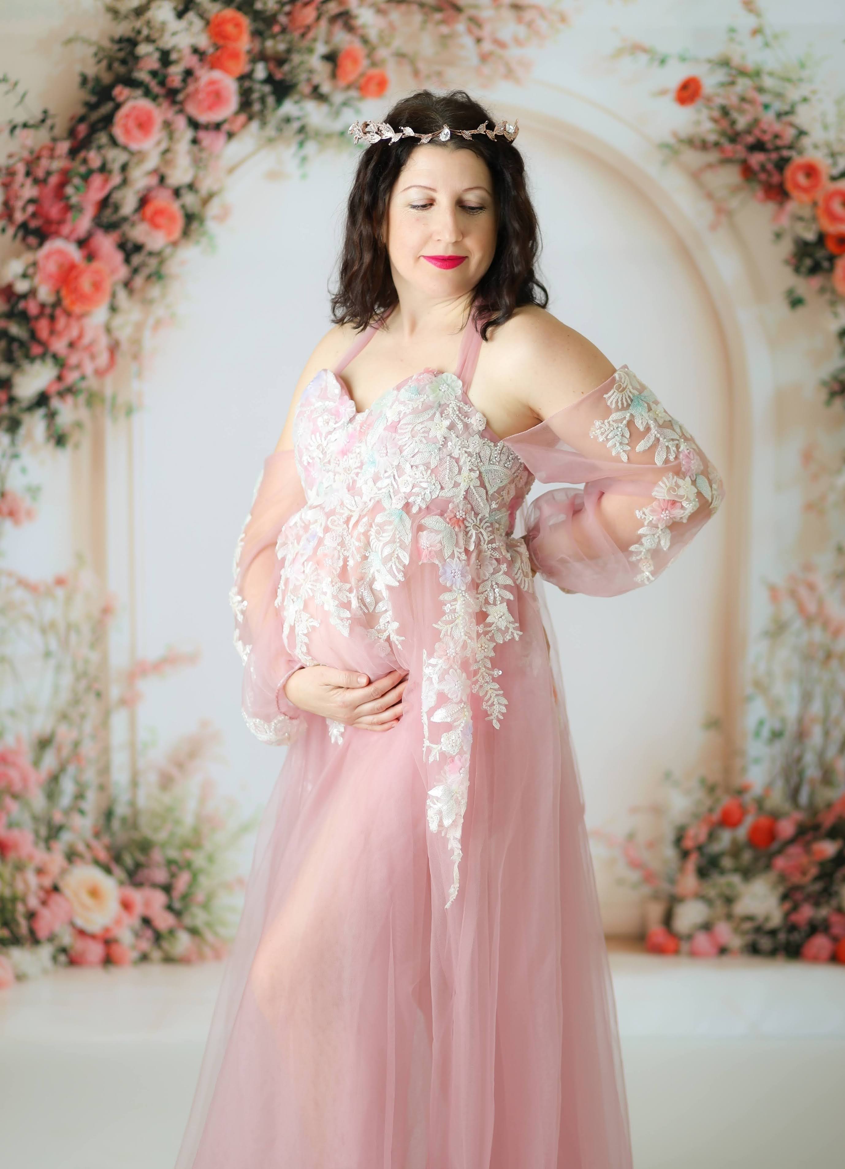 Kate Mesh Hängende Halsmitte Ärmel Schleppende Mutterschaft Fotoshooting Kleid - Kate Backdrop.de